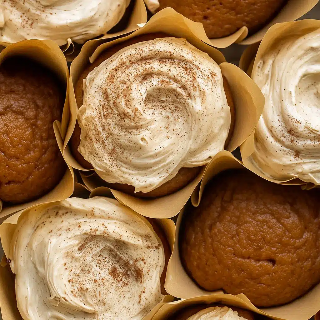 Pumpkin dream cupcakes with espresso cream cheese frosting arranged on a wooden board with fall decorations
