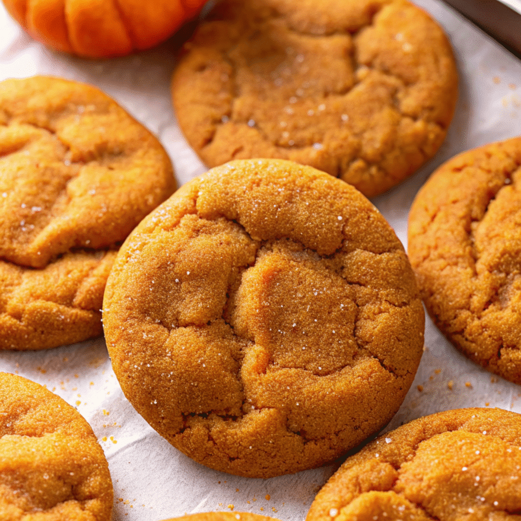 Soft, chewy vegan pumpkin cookies with crackled tops arranged on a white plate, showing their perfect golden-brown color and tender texture