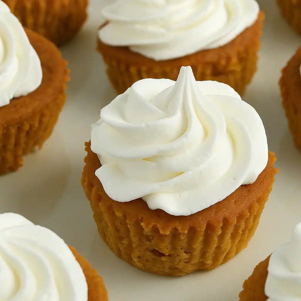 Pumpkin pie cupcakes with whipped cream on top, sitting on a wooden board with some fall leaves around them